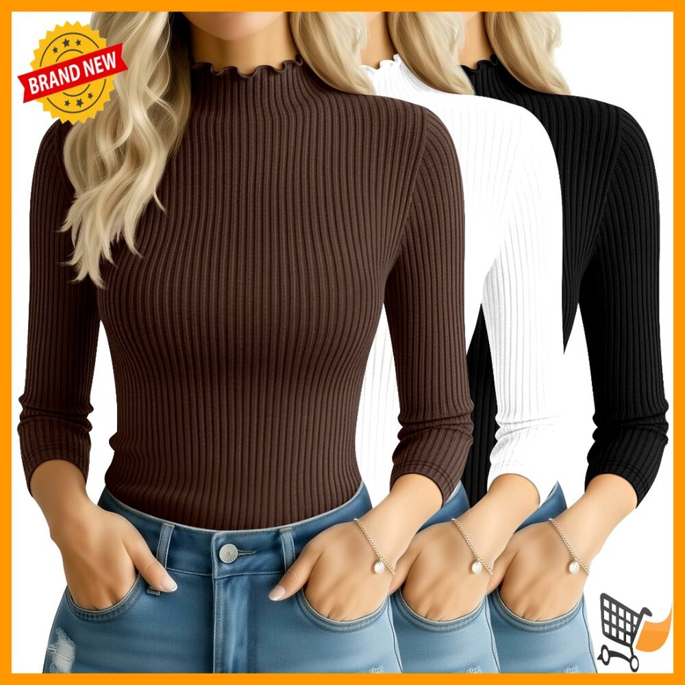 Women's Cotton 3/4 Sleeve Mock Turtleneck Tops Slim Fit Ribbed Chic Casual Tees